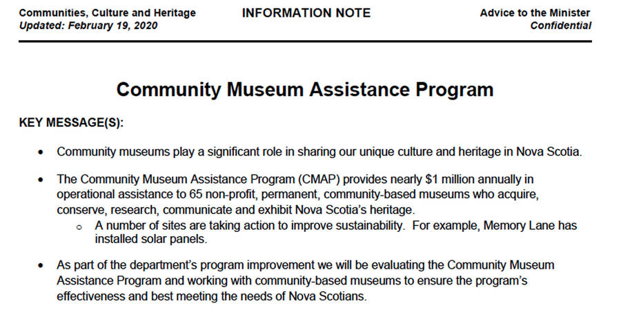 <p>A screengrab of a portion of a Nova Scotia Department of Communities, Culture and Heritage briefing note, dated February 2020.</p>