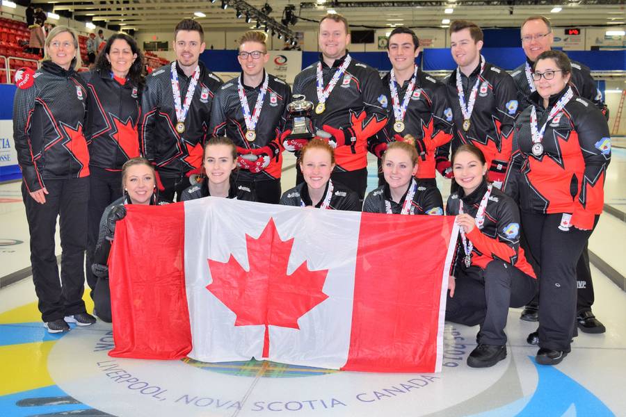<p>FILE PHOTO</p><p>Team Canada skips Selena Sturmay (kneeling on the left) and Tyler Tardi (standing, third from left) and their teams, pose along with their coaches after earning silver and gold in the 2019 World Junior Championships held in February 2019.</p>